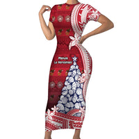 American Samoa Christmas Short Sleeve Bodycon Dress Seashell Xmas Tree Tribal Waves - Polynesian Pride