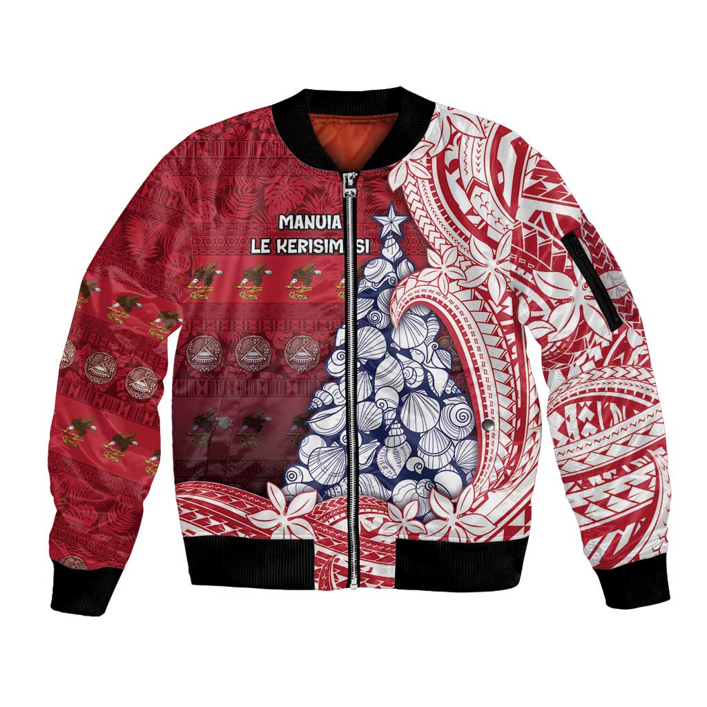 American Samoa Christmas Sleeve Zip Bomber Jacket Seashell Xmas Tree Tribal Waves DT05 Unisex Red - Polynesian Pride