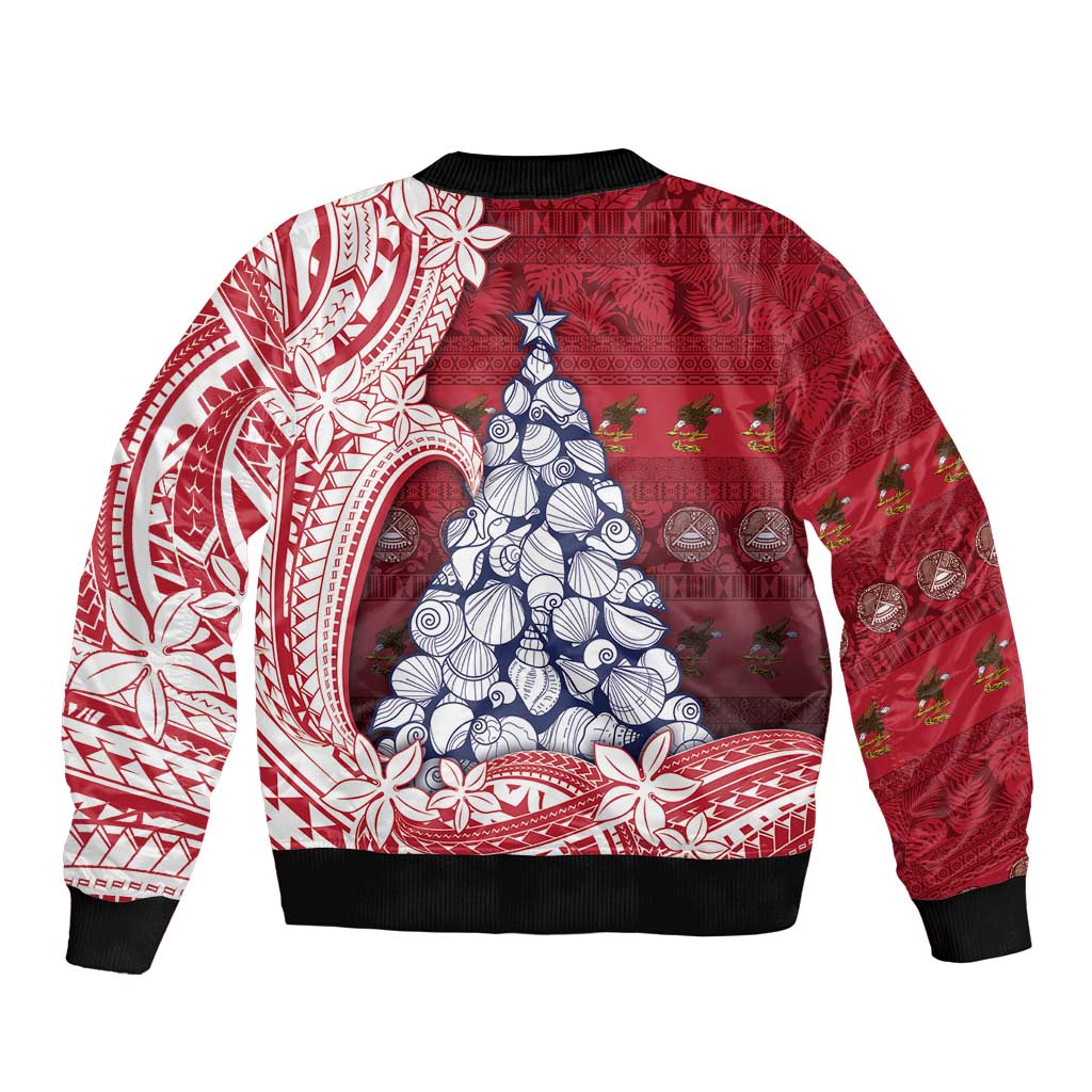 American Samoa Christmas Sleeve Zip Bomber Jacket Seashell Xmas Tree Tribal Waves DT05 - Polynesian Pride