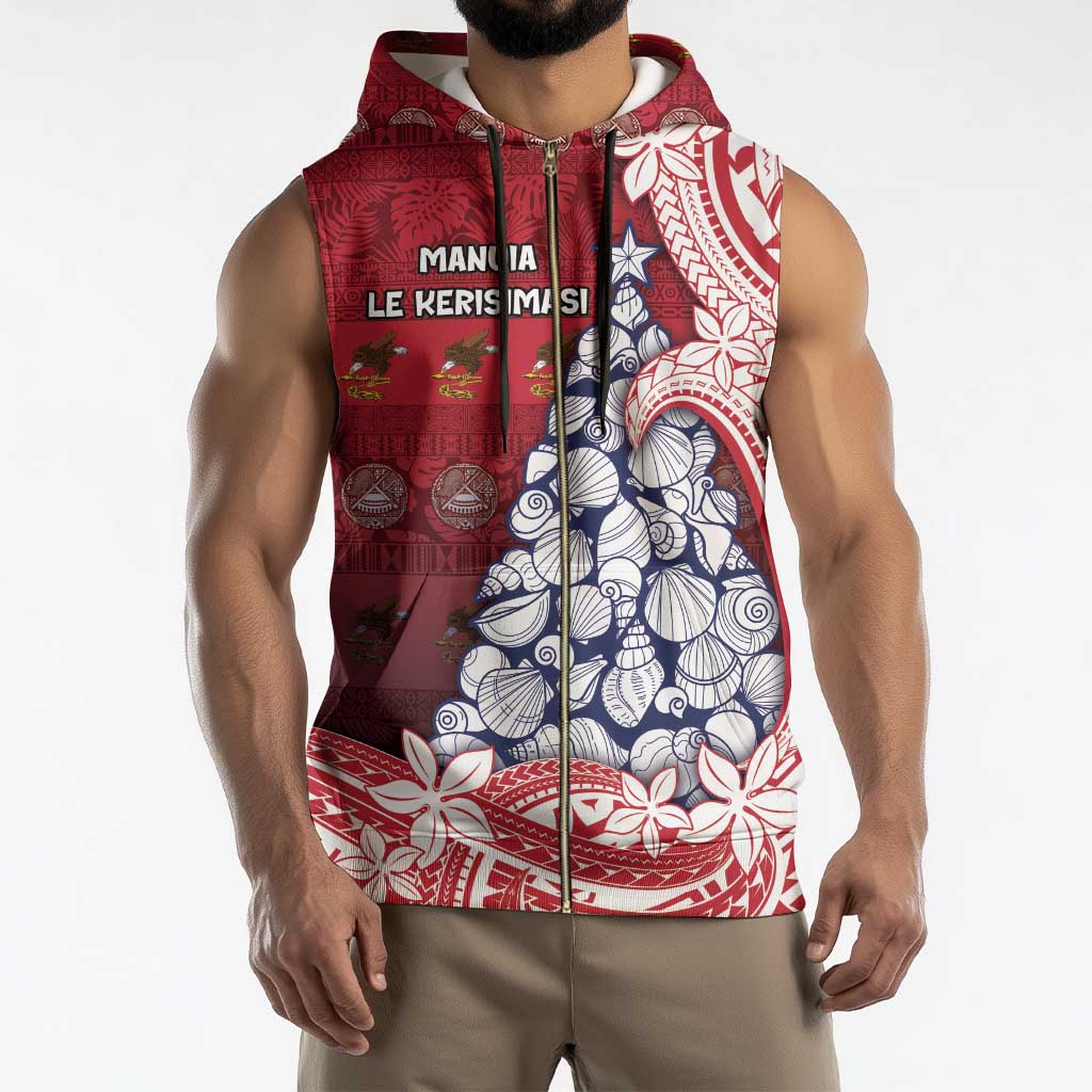 American Samoa Christmas Sleeveless Zip Hoodie Seashell Xmas Tree Tribal Waves DT05