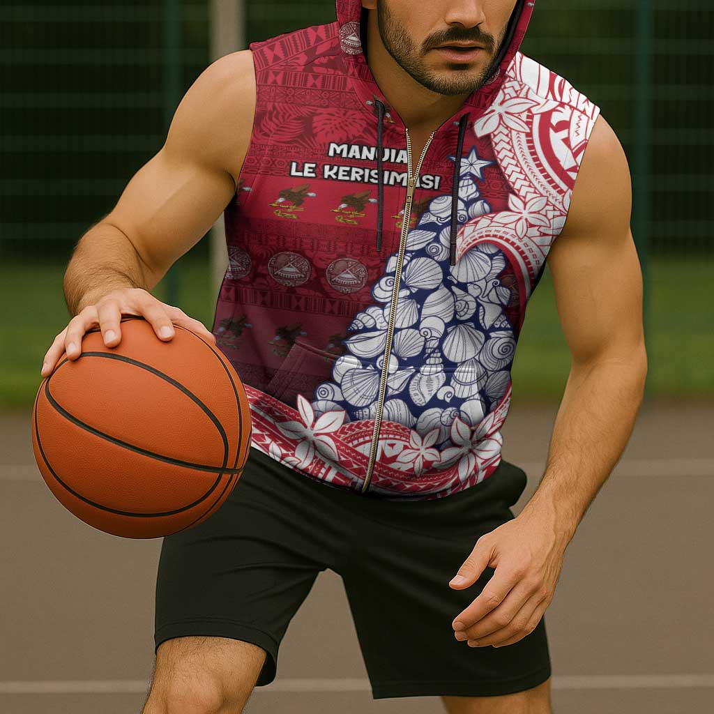 American Samoa Christmas Sleeveless Zip Hoodie Seashell Xmas Tree Tribal Waves DT05