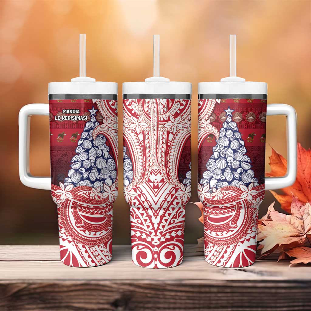 American Samoa Christmas Tumbler With Handle Seashell Xmas Tree Tribal Waves - Polynesian Pride
