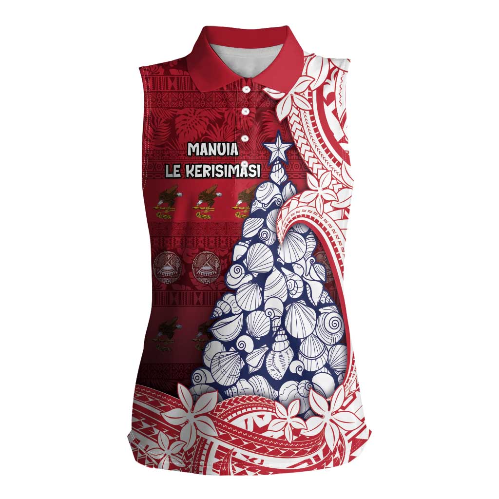 American Samoa Christmas Women Sleeveless Polo Shirt Seashell Xmas Tree Tribal Waves DT05 Female Red - Polynesian Pride
