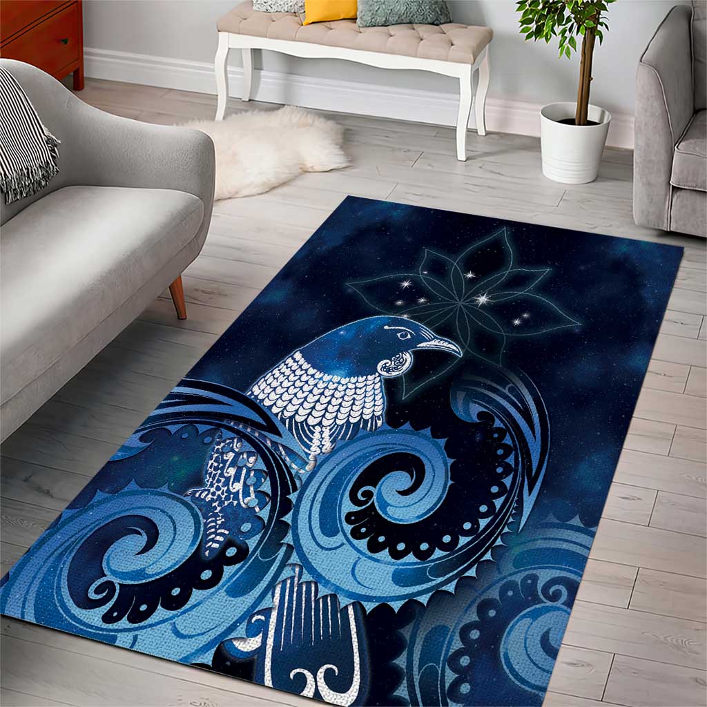 New Zealand Matariki Area Rug Maori Tui Bird Blue Galaxy