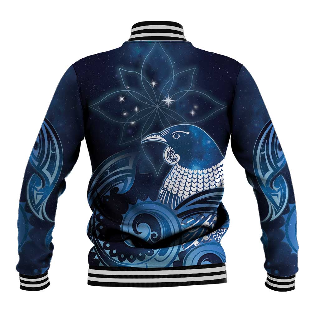New Zealand Matariki Baseball Jacket Maori Tui Bird Blue Galaxy