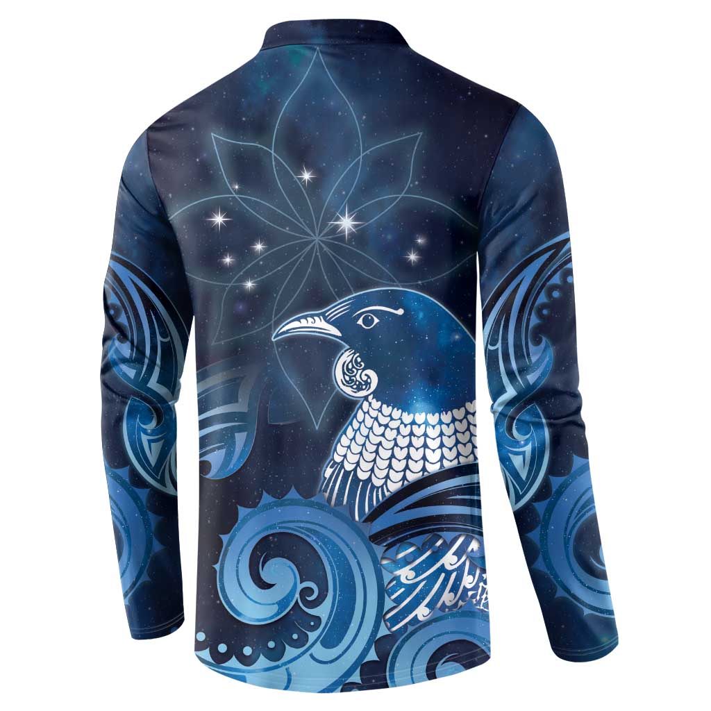 New Zealand Matariki Button Sweatshirt Maori Tui Bird Blue Galaxy