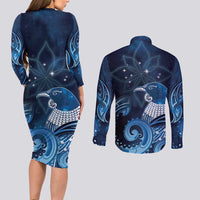 New Zealand Matariki Couples Matching Long Sleeve Bodycon Dress and Long Sleeve Button Shirt Maori Tui Bird Blue Galaxy
