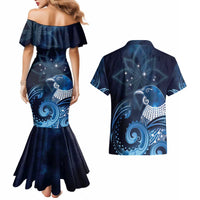 New Zealand Matariki Couples Matching Mermaid Dress and Hawaiian Shirt Maori Tui Bird Blue Galaxy