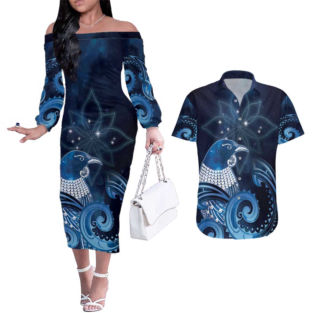 New Zealand Matariki Couples Matching Off The Shoulder Long Sleeve Dress and Hawaiian Shirt Maori Tui Bird Blue Galaxy