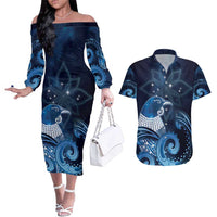 New Zealand Matariki Couples Matching Off The Shoulder Long Sleeve Dress and Hawaiian Shirt Maori Tui Bird Blue Galaxy