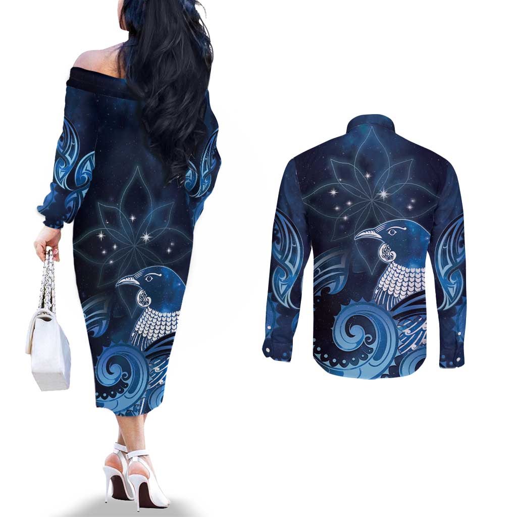 New Zealand Matariki Couples Matching Off The Shoulder Long Sleeve Dress and Long Sleeve Button Shirt Maori Tui Bird Blue Galaxy
