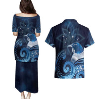 New Zealand Matariki Couples Matching Puletasi and Hawaiian Shirt Maori Tui Bird Blue Galaxy