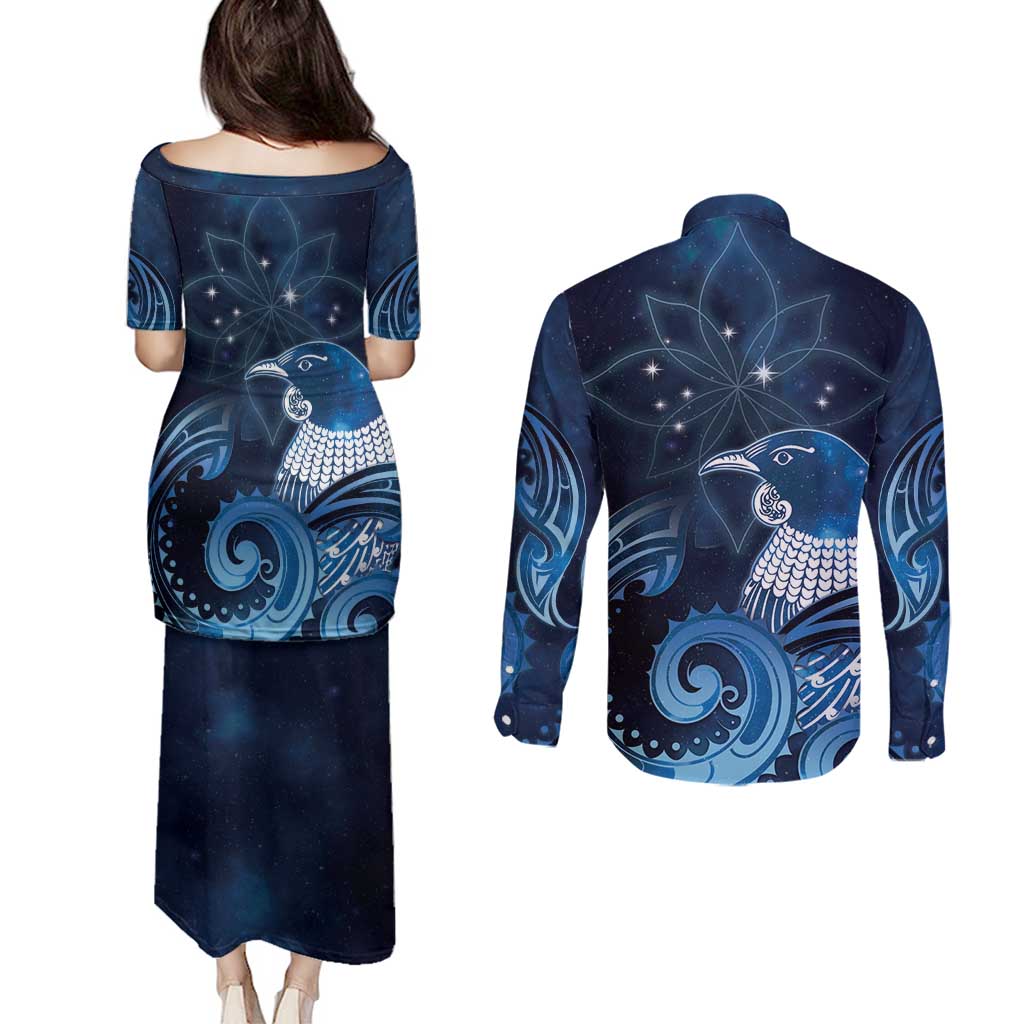 New Zealand Matariki Couples Matching Puletasi and Long Sleeve Button Shirt Maori Tui Bird Blue Galaxy
