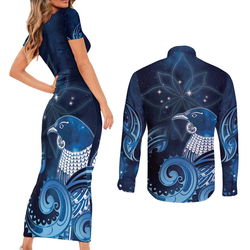 New Zealand Matariki Couples Matching Short Sleeve Bodycon Dress and Long Sleeve Button Shirt Maori Tui Bird Blue Galaxy