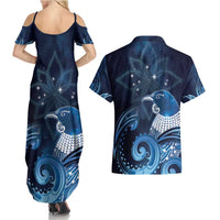 New Zealand Matariki Couples Matching Summer Maxi Dress and Hawaiian Shirt Maori Tui Bird Blue Galaxy