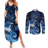 New Zealand Matariki Couples Matching Summer Maxi Dress and Long Sleeve Button Shirt Maori Tui Bird Blue Galaxy