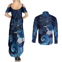 New Zealand Matariki Couples Matching Summer Maxi Dress and Long Sleeve Button Shirt Maori Tui Bird Blue Galaxy