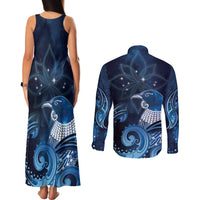 New Zealand Matariki Couples Matching Tank Maxi Dress and Long Sleeve Button Shirt Maori Tui Bird Blue Galaxy