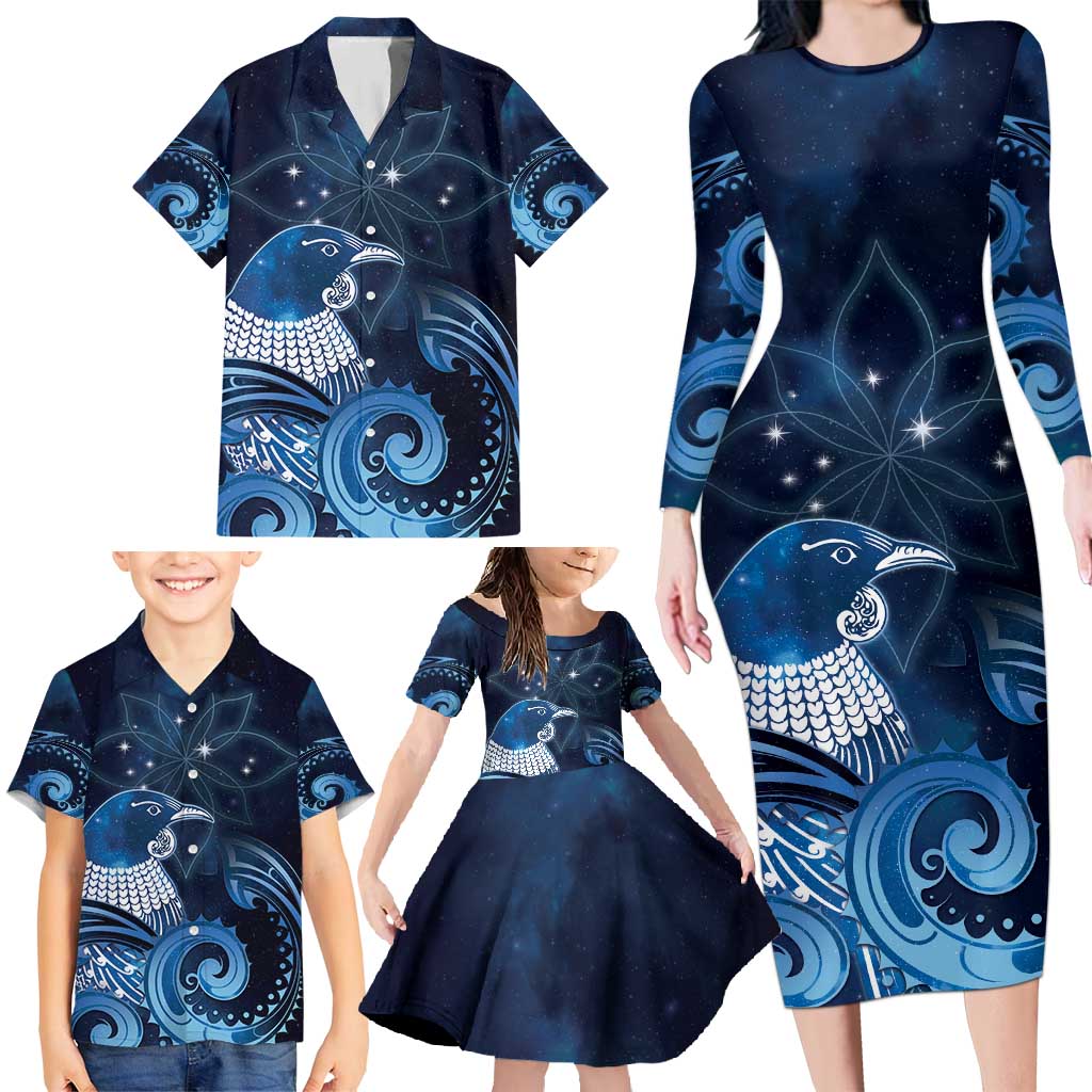 New Zealand Matariki Family Matching Long Sleeve Bodycon Dress and Hawaiian Shirt Maori Tui Bird Blue Galaxy