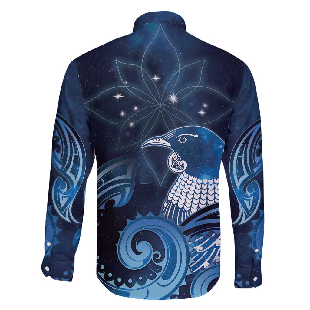 New Zealand Matariki Family Matching Long Sleeve Bodycon Dress and Hawaiian Shirt Maori Tui Bird Blue Galaxy