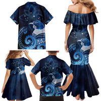 New Zealand Matariki Family Matching Mermaid Dress and Hawaiian Shirt Maori Tui Bird Blue Galaxy