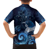 New Zealand Matariki Family Matching Off The Shoulder Long Sleeve Dress and Hawaiian Shirt Maori Tui Bird Blue Galaxy