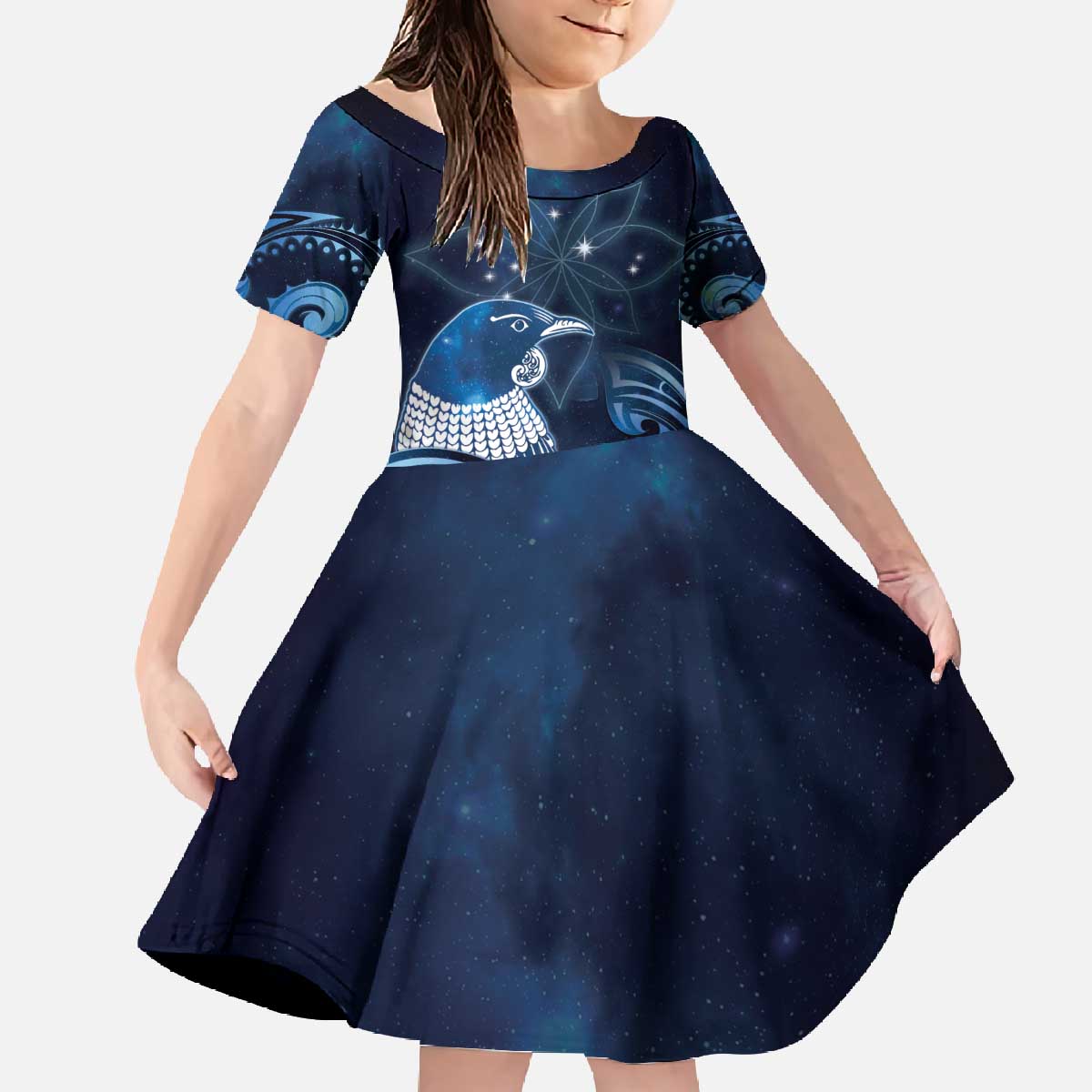 New Zealand Matariki Family Matching Off The Shoulder Long Sleeve Dress and Hawaiian Shirt Maori Tui Bird Blue Galaxy