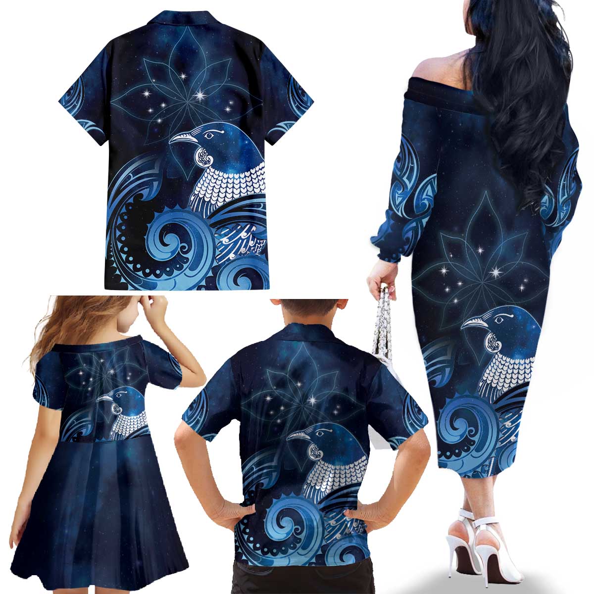 New Zealand Matariki Family Matching Off The Shoulder Long Sleeve Dress and Hawaiian Shirt Maori Tui Bird Blue Galaxy