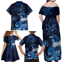 New Zealand Matariki Family Matching Off Shoulder Maxi Dress and Hawaiian Shirt Maori Tui Bird Blue Galaxy