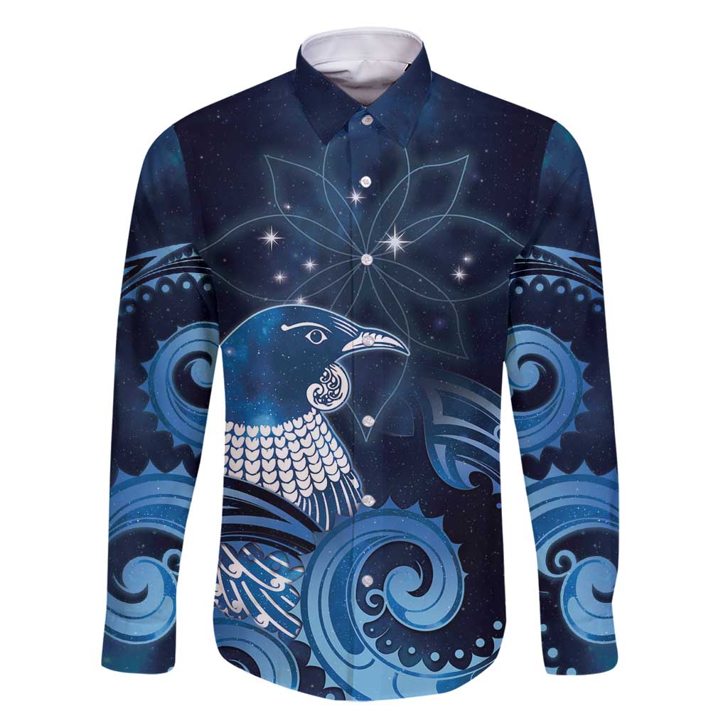 New Zealand Matariki Family Matching Off Shoulder Maxi Dress and Hawaiian Shirt Maori Tui Bird Blue Galaxy