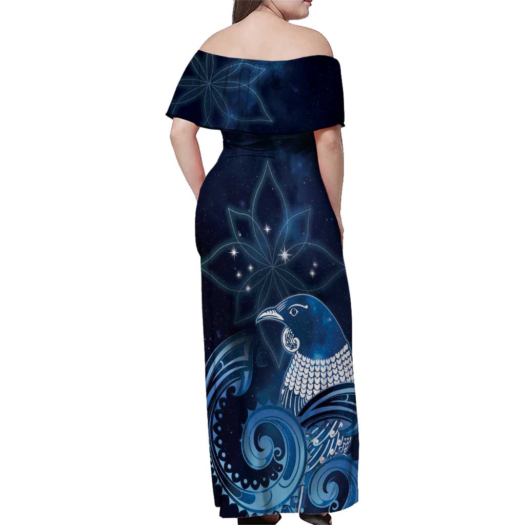 New Zealand Matariki Family Matching Off Shoulder Maxi Dress and Hawaiian Shirt Maori Tui Bird Blue Galaxy
