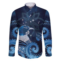 New Zealand Matariki Family Matching Off Shoulder Short Dress and Hawaiian Shirt Maori Tui Bird Blue Galaxy