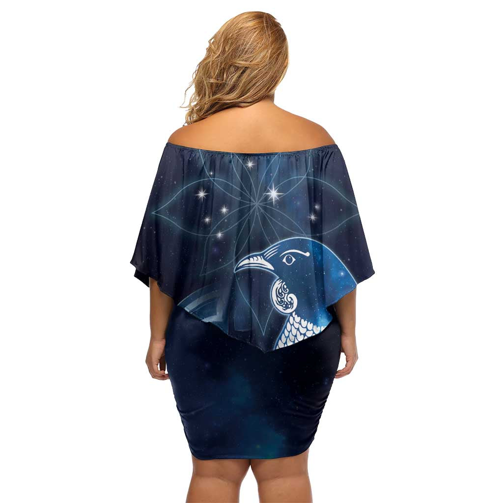 New Zealand Matariki Family Matching Off Shoulder Short Dress and Hawaiian Shirt Maori Tui Bird Blue Galaxy