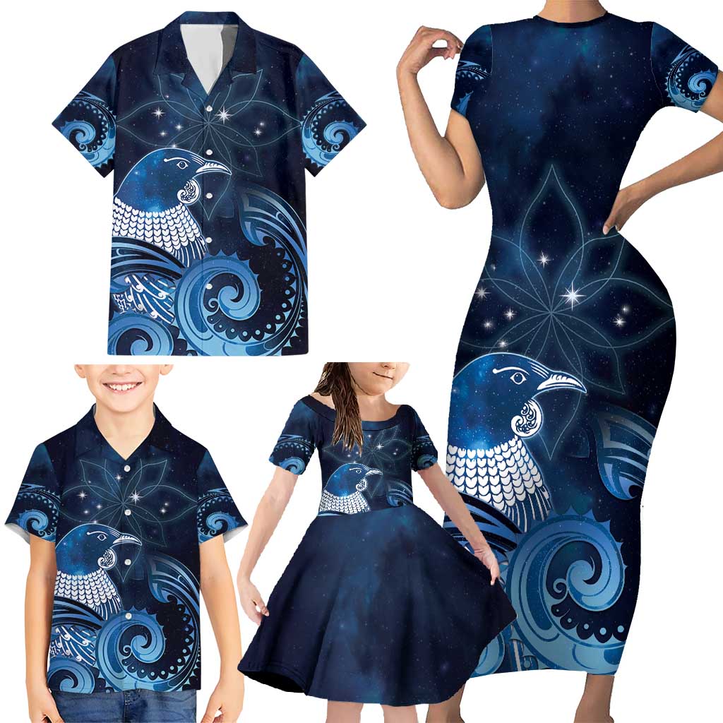 New Zealand Matariki Family Matching Short Sleeve Bodycon Dress and Hawaiian Shirt Maori Tui Bird Blue Galaxy
