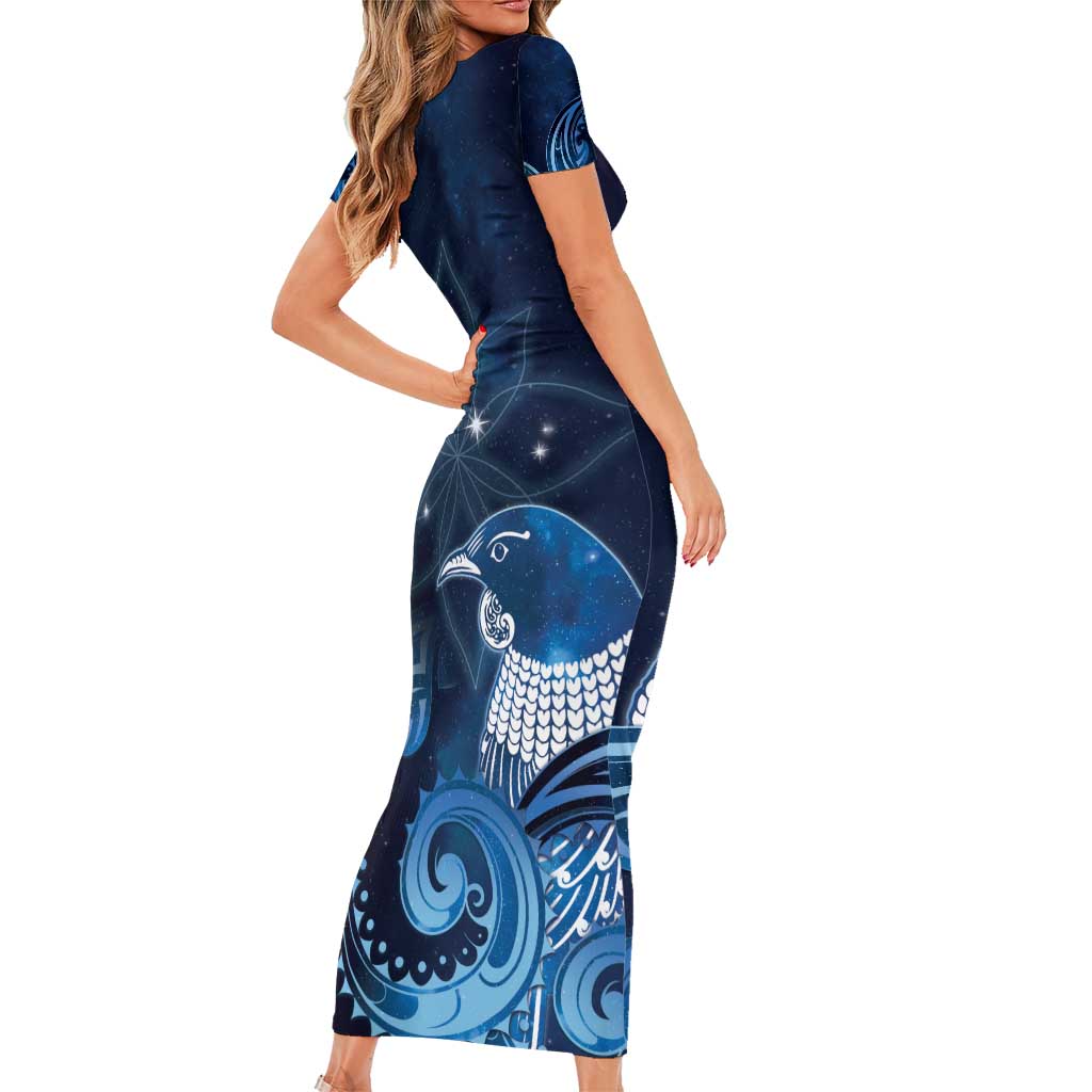 New Zealand Matariki Family Matching Short Sleeve Bodycon Dress and Hawaiian Shirt Maori Tui Bird Blue Galaxy