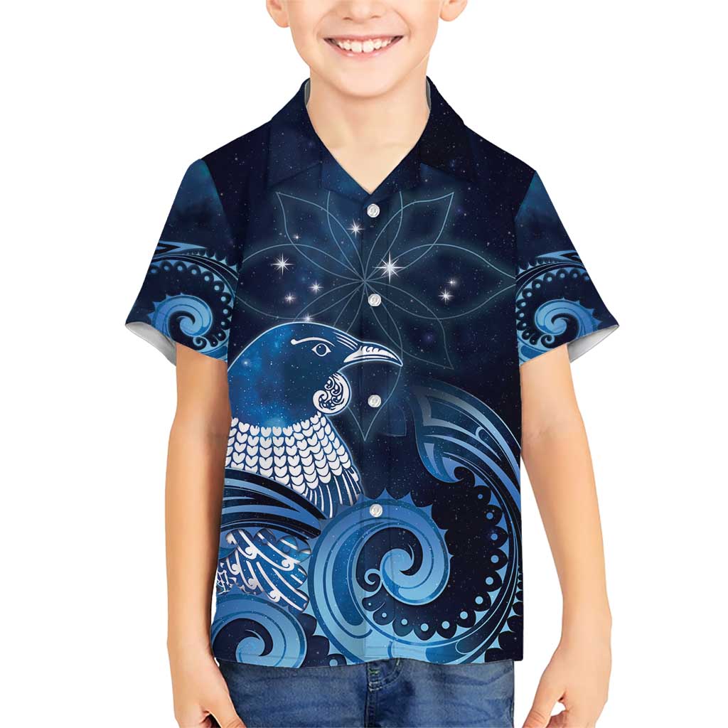 New Zealand Matariki Family Matching Short Sleeve Bodycon Dress and Hawaiian Shirt Maori Tui Bird Blue Galaxy