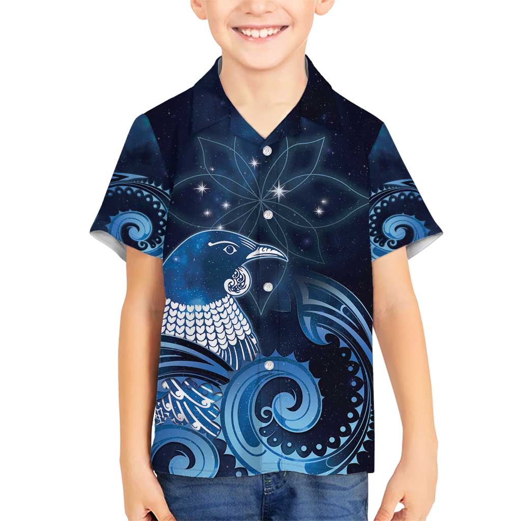 New Zealand Matariki Family Matching Summer Maxi Dress and Hawaiian Shirt Maori Tui Bird Blue Galaxy