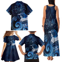 New Zealand Matariki Family Matching Tank Maxi Dress and Hawaiian Shirt Maori Tui Bird Blue Galaxy