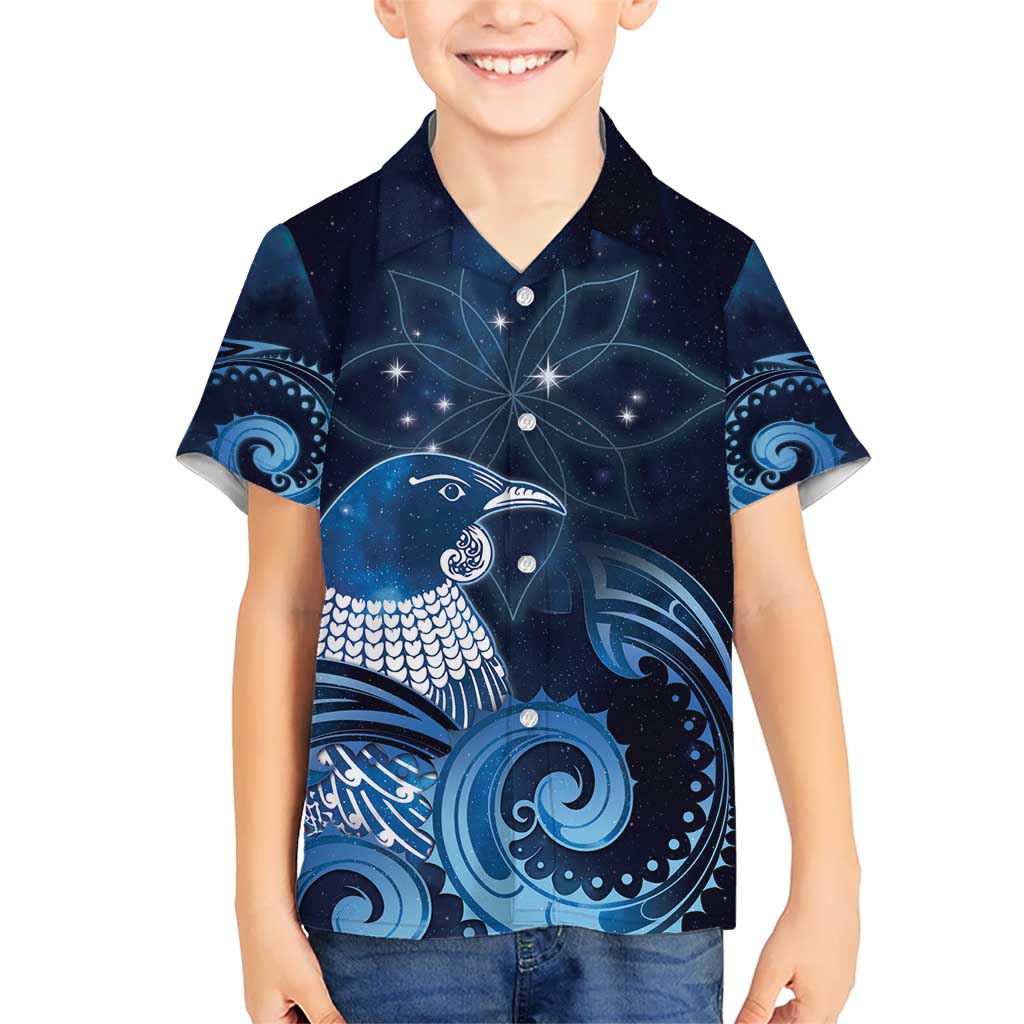 New Zealand Matariki Kid Hawaiian Shirt Maori Tui Bird Blue Galaxy