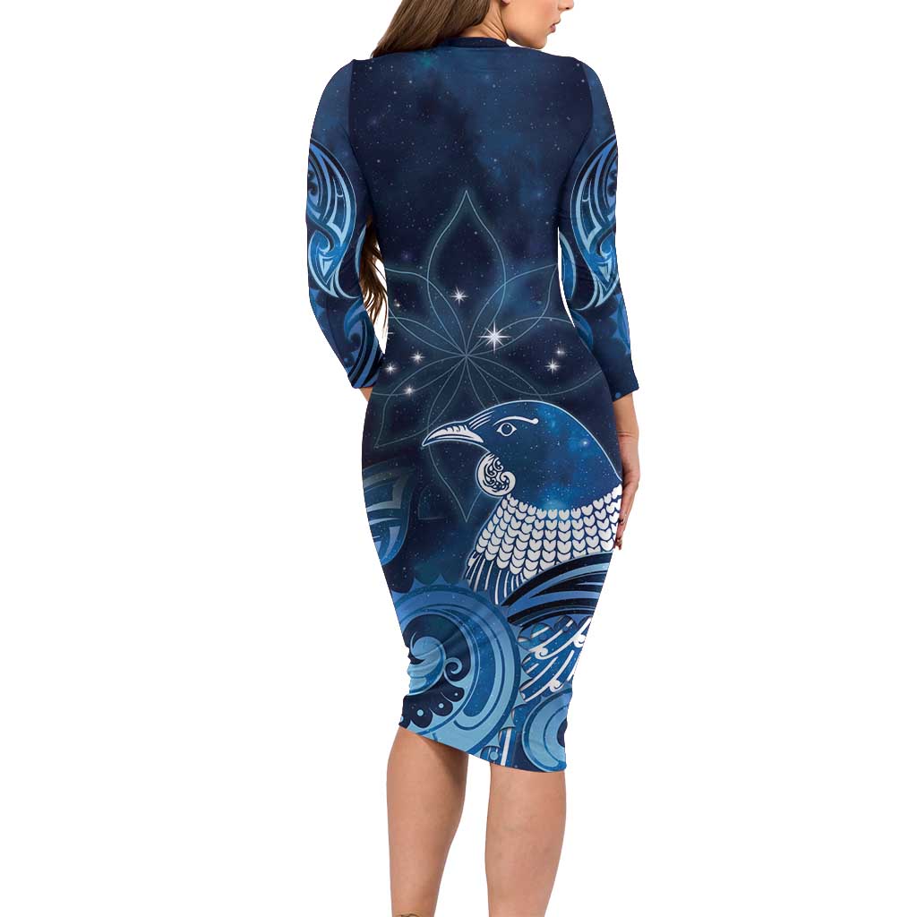 New Zealand Matariki Long Sleeve Bodycon Dress Maori Tui Bird Blue Galaxy