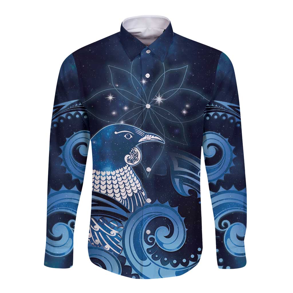 New Zealand Matariki Long Sleeve Button Shirt Maori Tui Bird Blue Galaxy