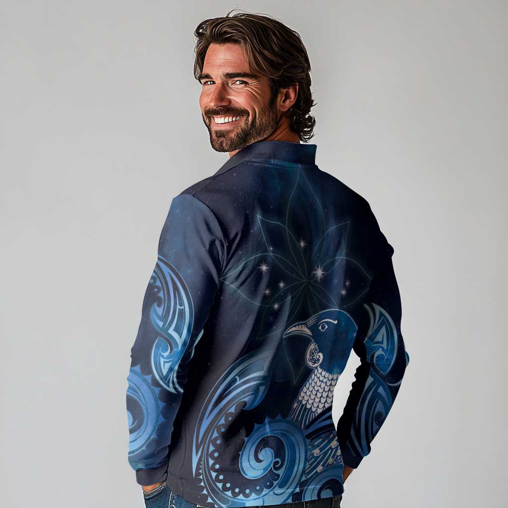 New Zealand Matariki Long Sleeve Polo Shirt Maori Tui Bird Blue Galaxy