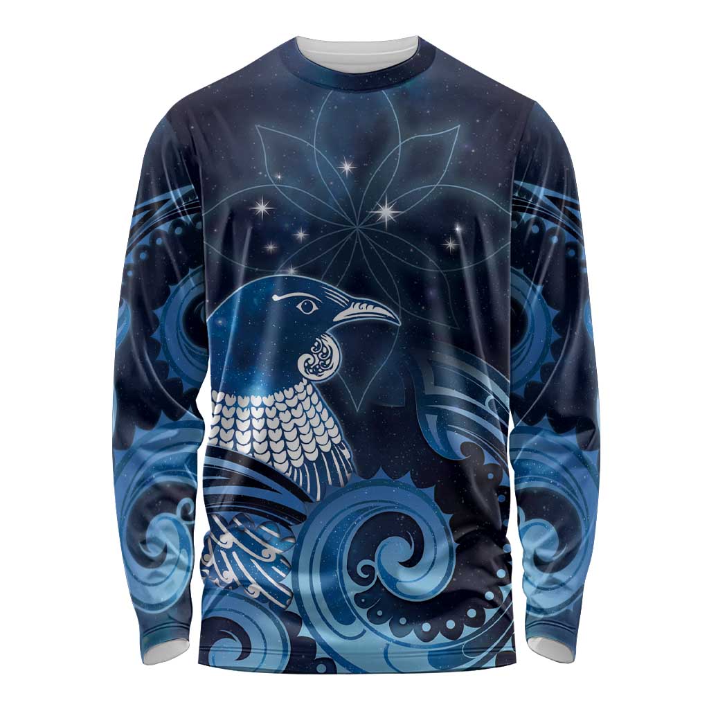 New Zealand Matariki Long Sleeve Shirt Maori Tui Bird Blue Galaxy