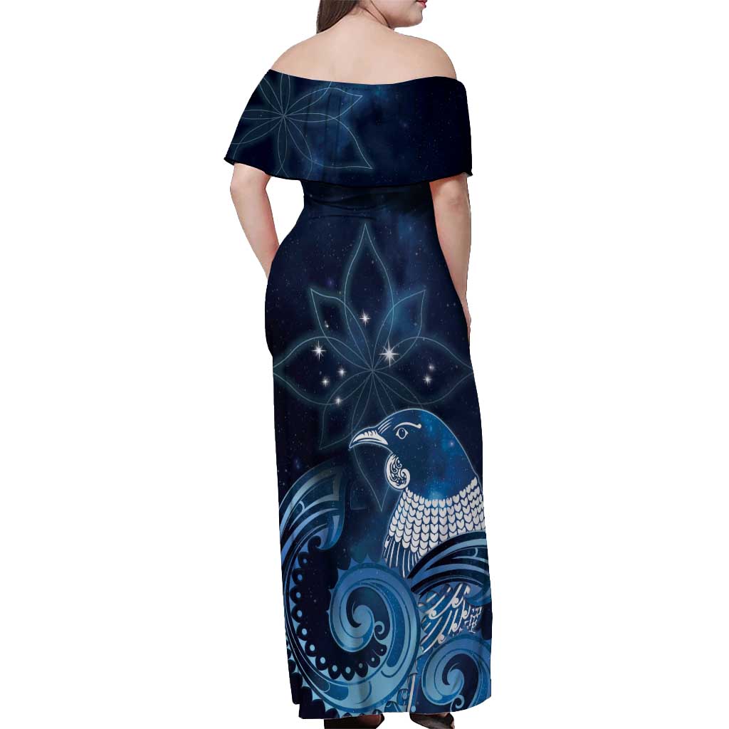 New Zealand Matariki Off Shoulder Maxi Dress Maori Tui Bird Blue Galaxy