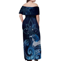 New Zealand Matariki Off Shoulder Maxi Dress Maori Tui Bird Blue Galaxy