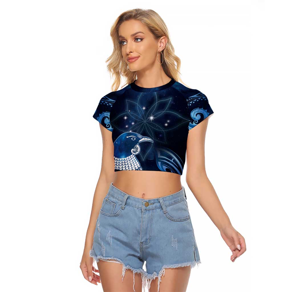 New Zealand Matariki Raglan Cropped T Shirt Maori Tui Bird Blue Galaxy