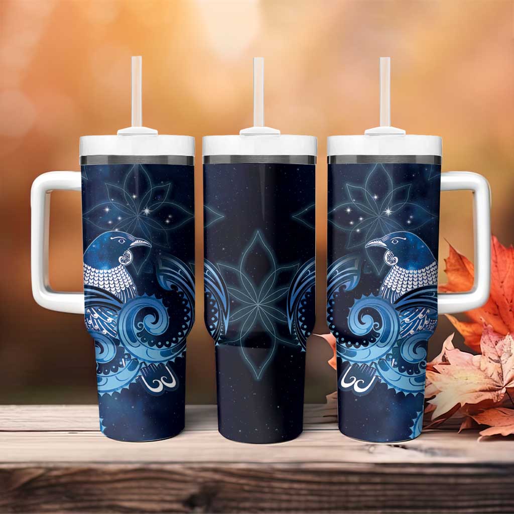 New Zealand Matariki Tumbler With Handle Maori Tui Bird Blue Galaxy