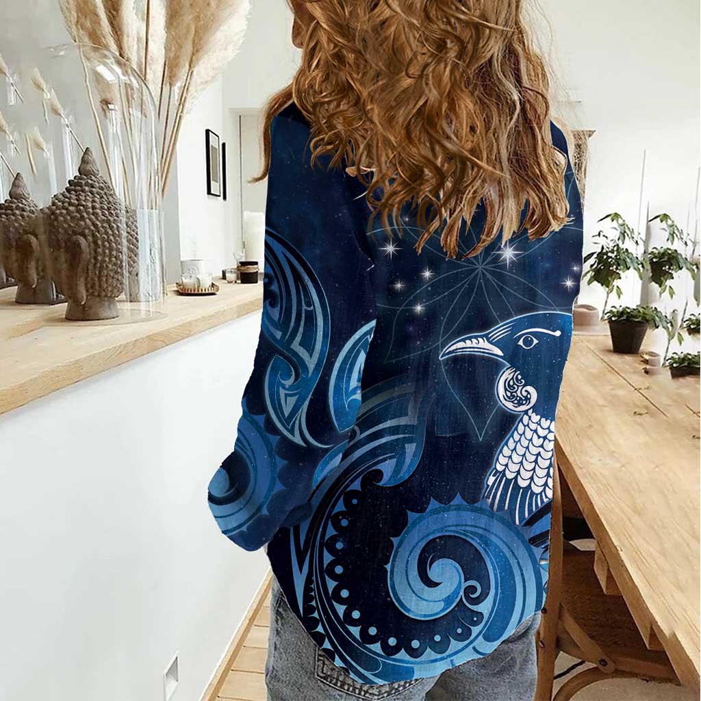 New Zealand Matariki Women Casual Shirt Maori Tui Bird Blue Galaxy