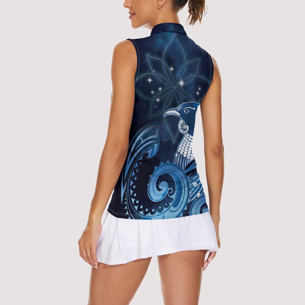 New Zealand Matariki Women Sleeveless Polo Shirt Maori Tui Bird Blue Galaxy