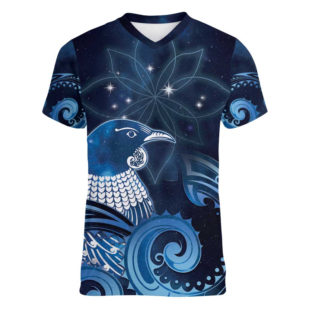 New Zealand Matariki Women V-Neck T-Shirt Maori Tui Bird Blue Galaxy